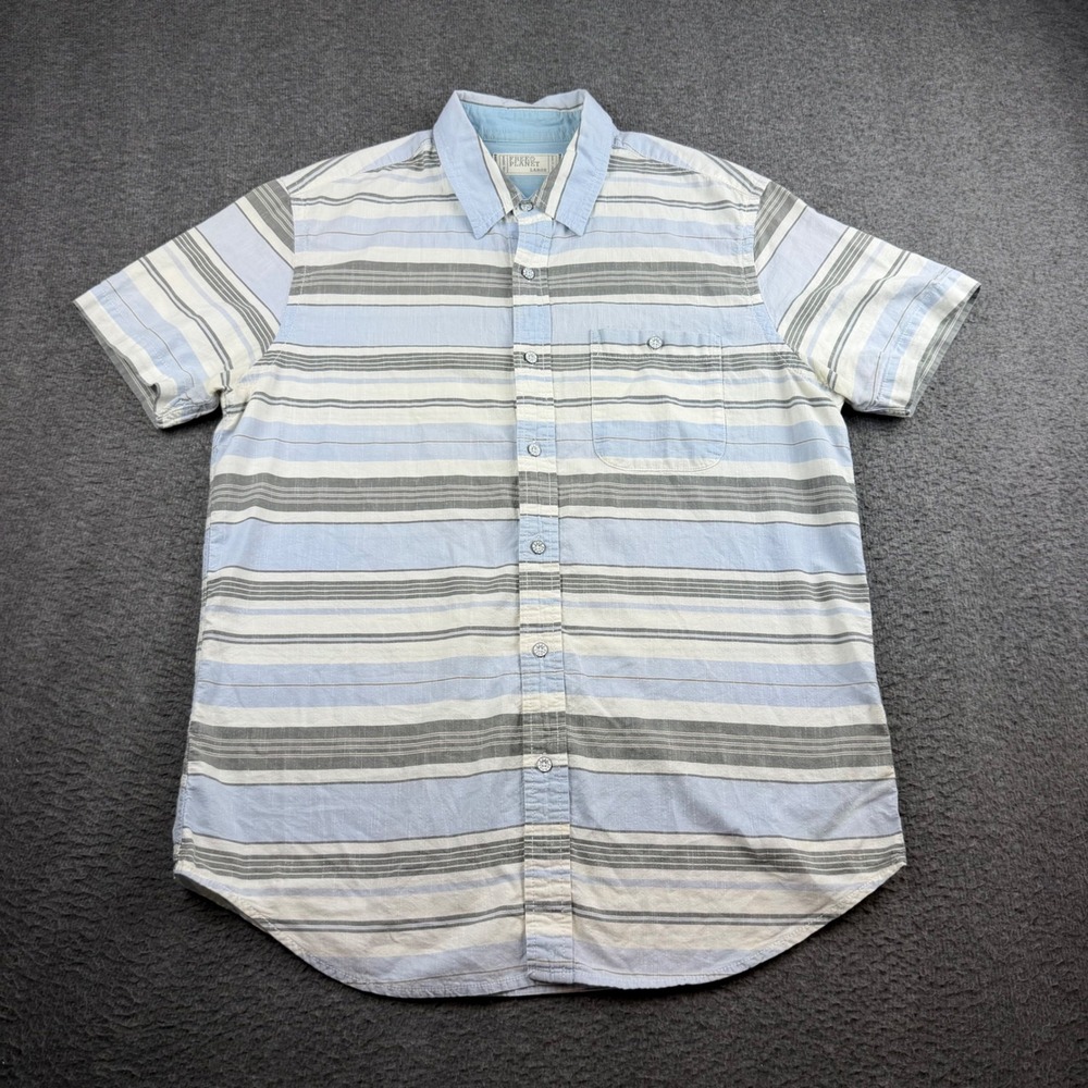 Free Planet Button Down Shirt Men's Large Blue Striped Short Sleeve FN9DJ091